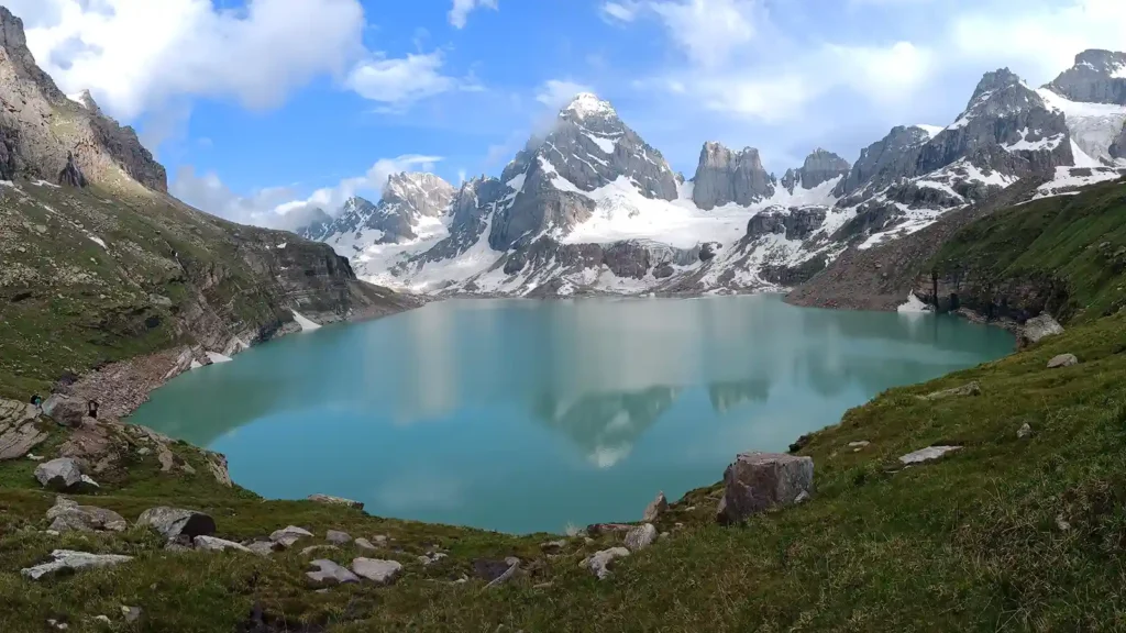 an image of chitta katha lake which is one of the best kashmir tourist attractions and lake is surrounded by snowy mountains