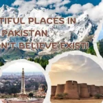 an image on which text is written that beautiful places to visit in pakistan and background of image is blend of different areas of pakistan