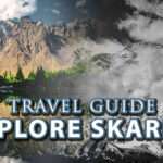 an image of beautiful places blend together and a text over it and the text is travel guide explore skardu