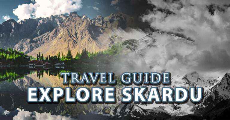 an image of beautiful places blend together and a text over it and the text is travel guide explore skardu