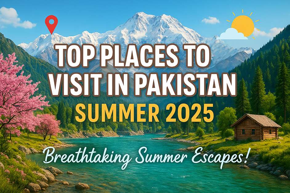an image on which text is written Places to Visit in Summer Vacations in Pakistan and behind the text a beautiful view of mountains