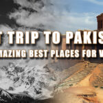 an image in which two images blended one is a fort in desert and second is snowy mountains and a tezt on image is that first trip to pakistan? amazing best places to visit
